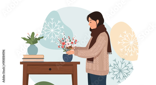 Woman arranging winter flowers with snowflakes, cozy indoor scene