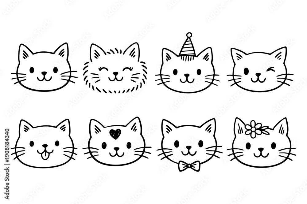 Fototapeta premium Collection of Cute Hand-Drawn Cat Faces with Various Expressions.
