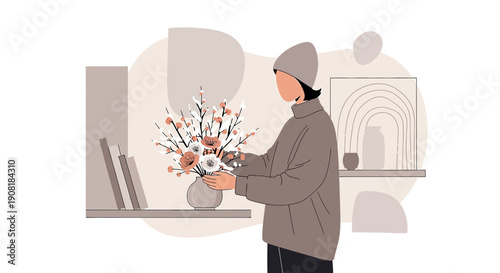 Woman arranging minimalist floral bouquet in cozy interior, hygge lifestyle