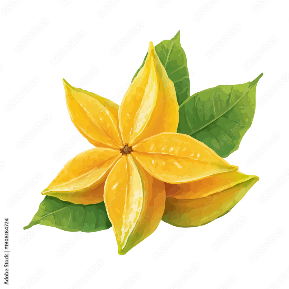 Fototapeta premium Starfruit, rendered in a minimalist 2D flat vector icon style against a pure white backdrop