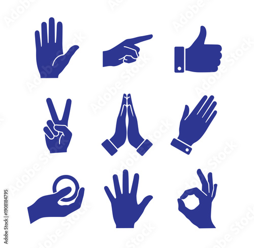collection of blue hand gestures on white background