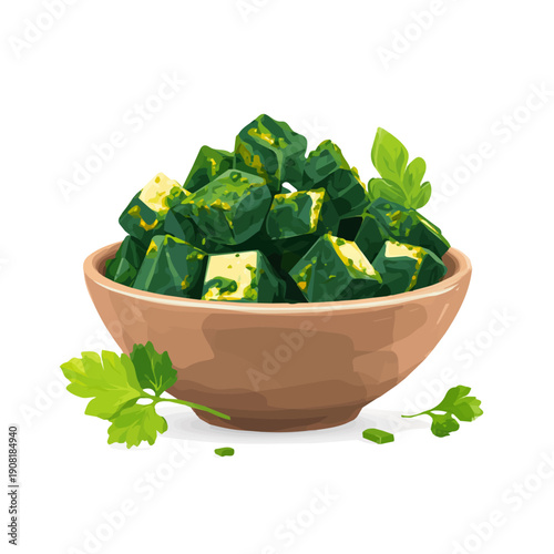 Saag Paneer, 2D flat vector illustration in icon style, isolated on a white background