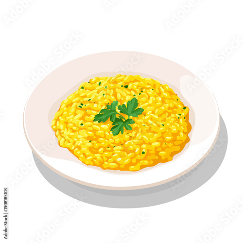 2D flat vector graphic of a Risotto Milanese in icon style, isolated on white background