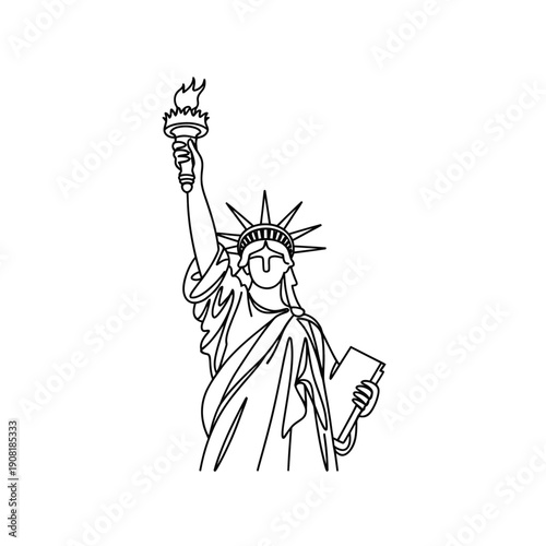 Line art depiction of the statue of liberty holding a torch aloft