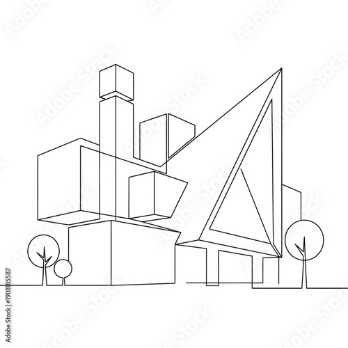 Minimalist line drawing of a modern architectural building exterior