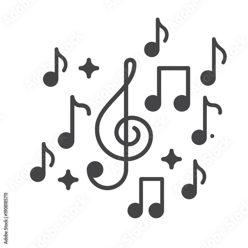Musical notes clef and stars in a simple black and white design
