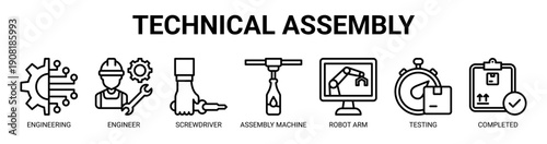 Technical Assembly web banner icon vector illustration concept with icon of engineering, engineer, screwdriver, assembly machine, robot arm, testing, and completed.