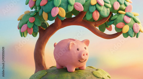 Cute piggy bank under colorful tree, symbolizing savings and prosperity
