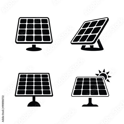 Black and white icons depicting various angles of solar panels