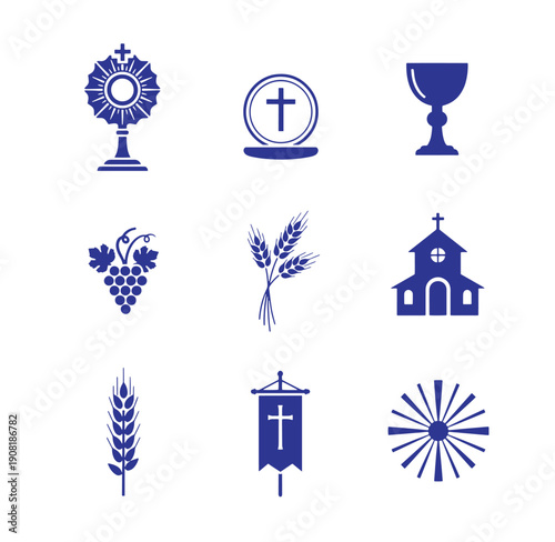Collection of various christian symbols and symbols of food and wine for sacrament or holy ritual  wine wheat church grapes chalices and more