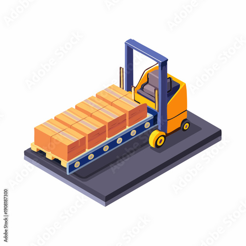 Isometric illustration of a forklift carrying a pallet of orange crates on a gray platform.