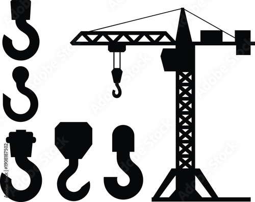 Black silhouettes of multiple crane hooks and a detailed tower crane structure, showcasing construction equipment, heavy lifting tools, industrial design illustration, and engineering concept artwork.