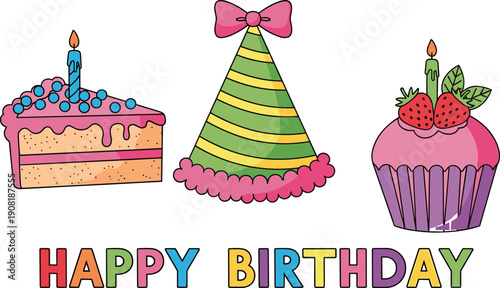 Colorful birthday celebration with cake, cupcake, and party hat