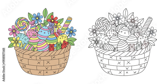 Easter basket full of colorful eggs, flowers and sweets with coloring page outline. Vector illustration of holiday hamper with candies, lollipops and gummy bears for spring celebration design.