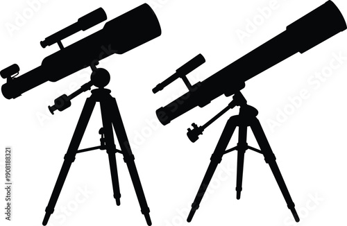 Black silhouettes of two telescopes mounted on tripods angled upward, showcasing astronomy equipment, stargazing concept, optical design illustration, and scientific observation artwork.