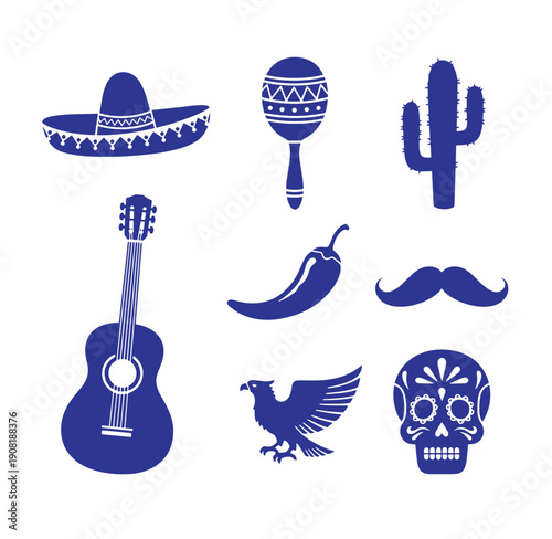 Set of nine blue Mexican icons including sombrero guitar cactus maraca skull