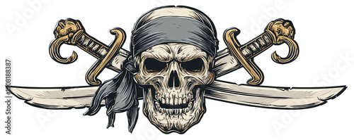 Happy pirate skull badge with rounded swords and clean outlines 32k ultra HD