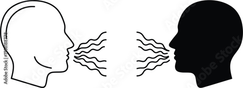 Human communication and dialogue vector icon featuring two profile silhouettes in black and white line art representing conversation speaking and social interaction concepts.