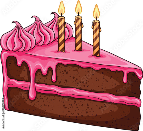 Slice of chocolate cake with pink frosting and lit candles on