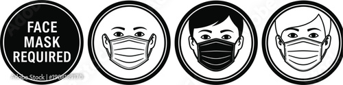 Set of black and white circular face mask required icons featuring various people wearing protective medical masks for public health and safety signage.