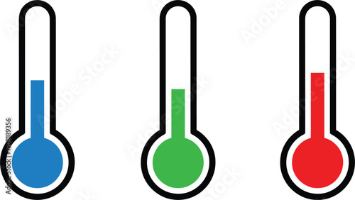 Set of three thermometer icons with blue green and red liquid levels isolated on white background representing temperature scale weather and climate control.