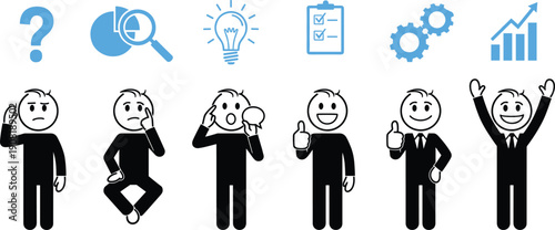 Business stick figure set with blue icons for problem solving idea generation planning execution and team success achievement on white background.