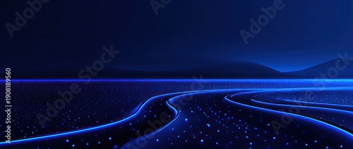 Abstract illustration of a curving road with glowing lines and a dark background