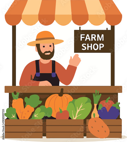 Smiling Organic Farmer Selling Fresh Vegetables at Farm Shop Market Stall – Local Agriculture, Harvest Produce, Sustainable Living Illustration Art HD