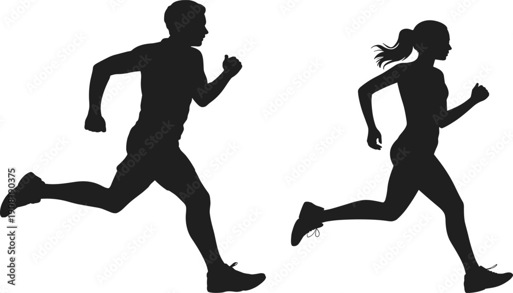 Fototapeta premium Male and female runners silhouette, running people illustration, fitness training concept, marathon race activity, healthy lifestyle, sport motion design
