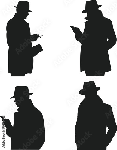 Black silhouette of mysterious man wearing a classic fedora hat and trench coat, gentleman using a smartphone and reading, isolated on white background.