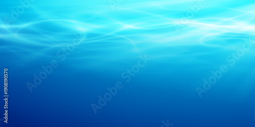 Realistic underwater ocean view with sunlight rays penetrating blue water surface, creating natural ripples and bubbles in deep sea environment perfect for summer designs