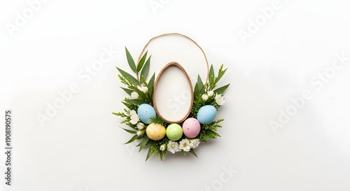 Easter egg wreath with colorful eggs and floral arrangement on a transparent background