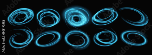 Glowing blue neon light swirls with radiant effects create dynamic circular motion on dark background, perfect for tech designs and abstract digital graphics