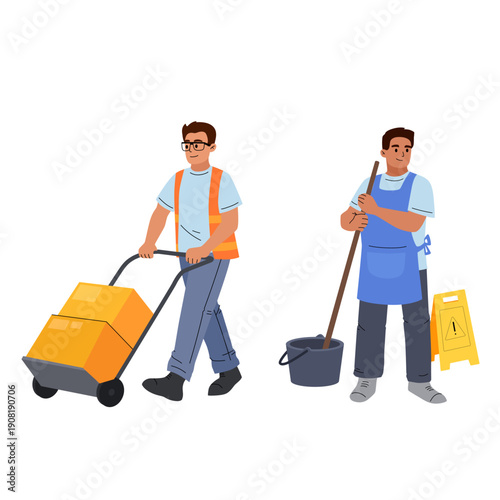 Two maintenance workers performing cleaning and delivery tasks. Professional service staff characters at work.