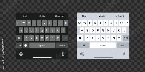 Virtual Keyboard Designs: Two modern smartphone keyboards, one in sleek black and the other in a minimalist grey, showcase the simplicity and functionality of digital input.