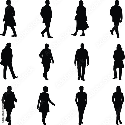 Full length black silhouette of business people walking and standing in various poses, men and women wearing professional coats and formal attire, isolated on white background,