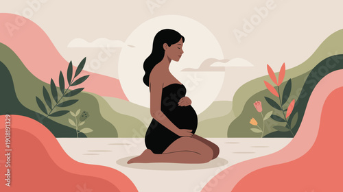 Pregnant woman meditating in nature during sunset with stylized floral elements