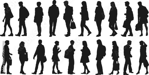 Full length black silhouette of students and young professionals walking and standing with backpacks and bags, diverse group isolated on white background,