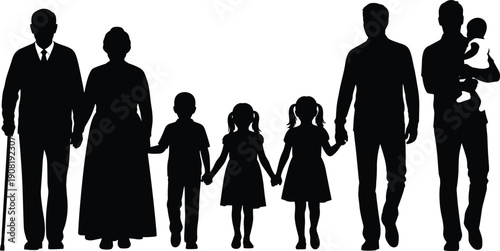 Large multigenerational family silhouette including grandparents, parents, and children holding hands in a row on a clean white background, 2026. (21 words)