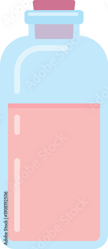 Glass bottle with pink liquid and cork. Cosmetic lotion