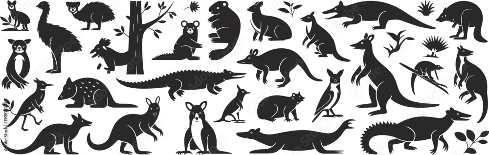 Obraz premium Australian wildlife animal silhouettes collection, kangaroo koala wombat emu crocodile platypus native fauna vector illustration set