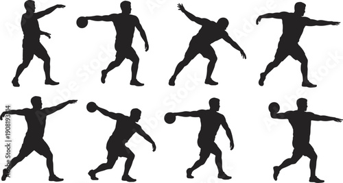 Set of athletic male silhouettes performing discus throw and shot put actions, showing dynamic movement, strength, and sports competition for track.