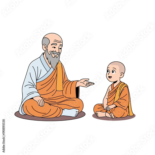 Wise old monk teaching young novice monk, meditation, spiritual guidance, education, wisdom