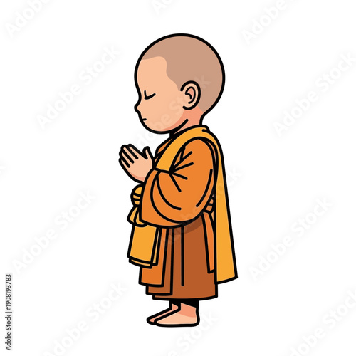 Young Buddhist Monk Praying with Hands Clasped, Cartoon Style