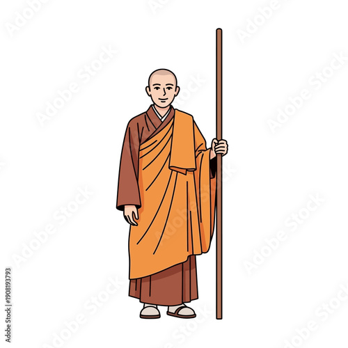 Buddhist Monk Holding Staff, Smiling, Standing, Isolated on White Background