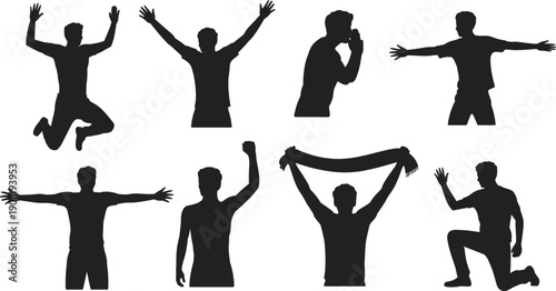 Set of sports fan silhouettes jumping cheering holding scarf and celebrating victory with various enthusiastic crowd poses and winning expressions,