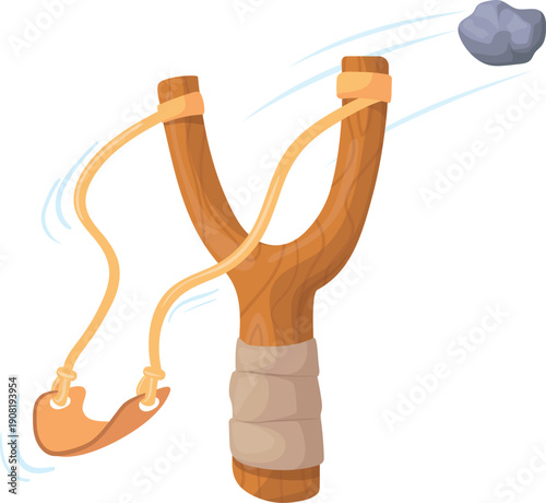 Throwing stone from elastic sling. Weapon toy cartoon icon