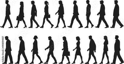 Side view of walking business people silhouettes, professional men and women carrying briefcases, moving forward together, isolated on white background.