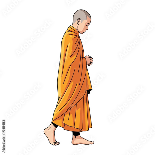 Buddhist Monk Walking in Orange Robe, Praying Hands, Isolated on White Background