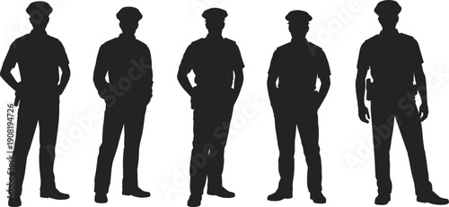 Silhouettes of five male police officers standing in uniform, law enforcement security team collection set on white background.